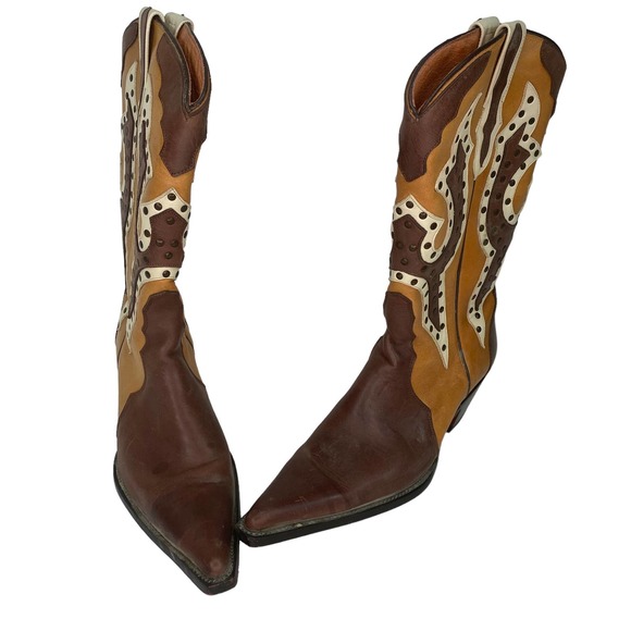 Rancho Brown Western Cowboy Boots Studded Womens 8.5 25.5 Men's Red 7 25.5 - Picture 3 of 6